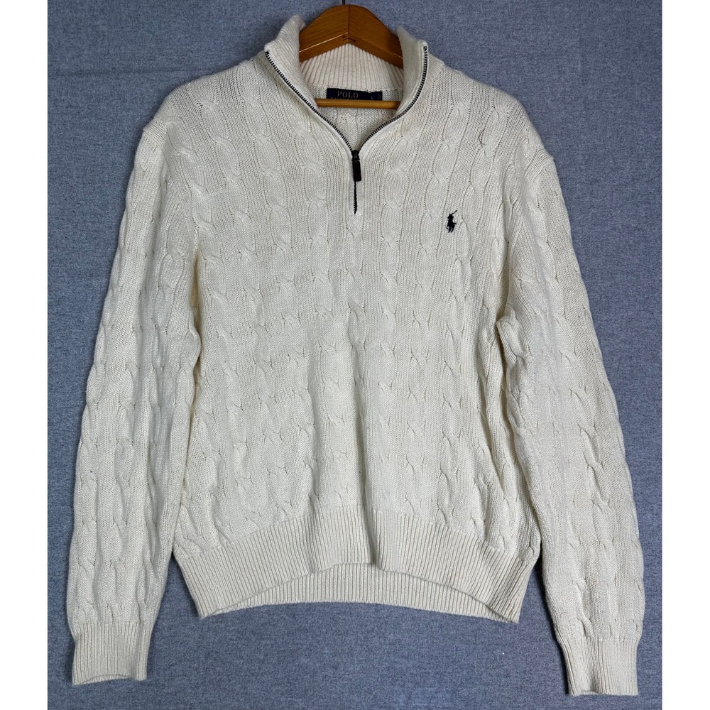 Polo Ralph Lauren Quarter Zip Sweater Mens L Ivory Fisherman Cable Knit